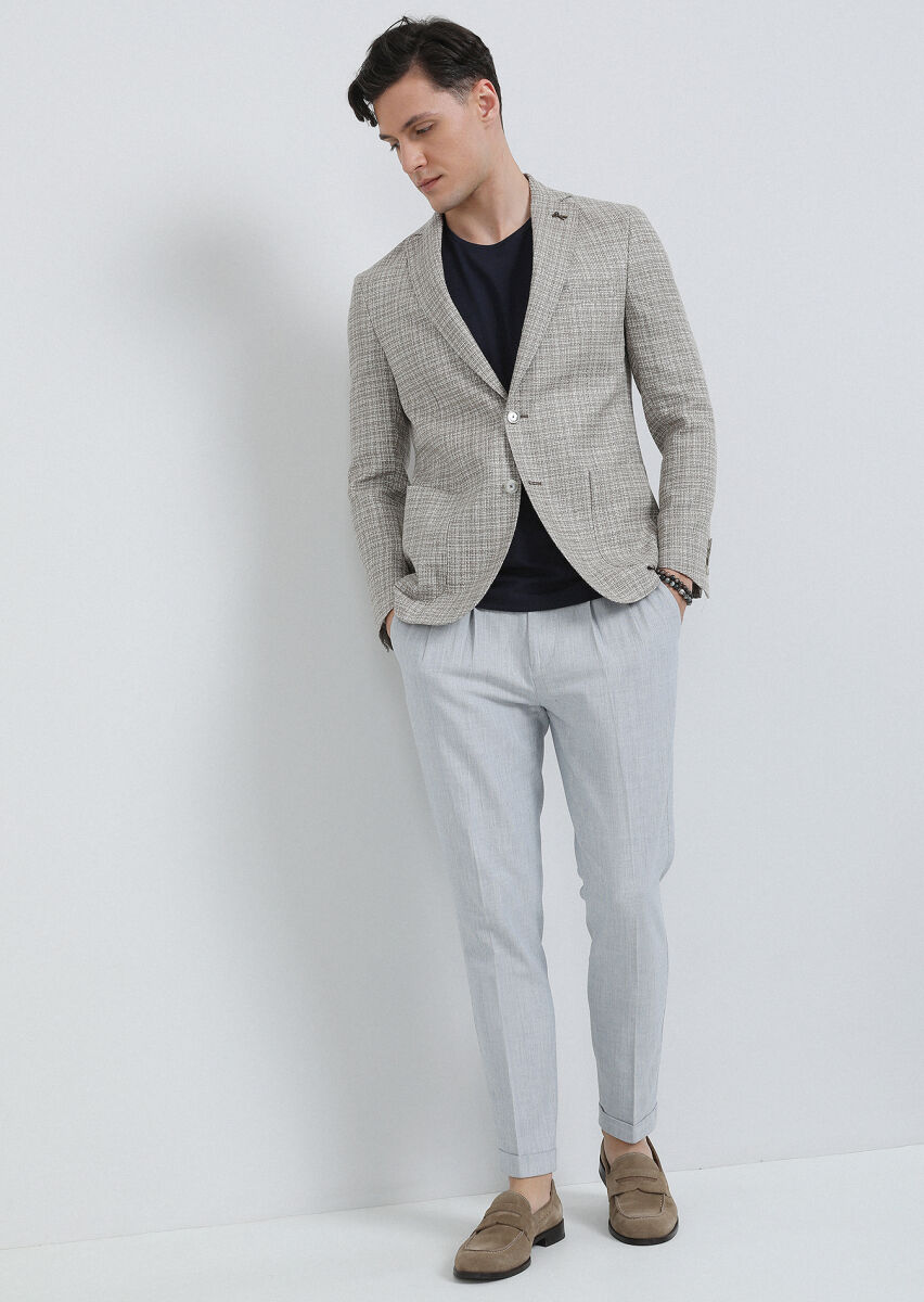 Beige Micro Shirt Shoulder Slim Fit Wool Blended Jacket - 1