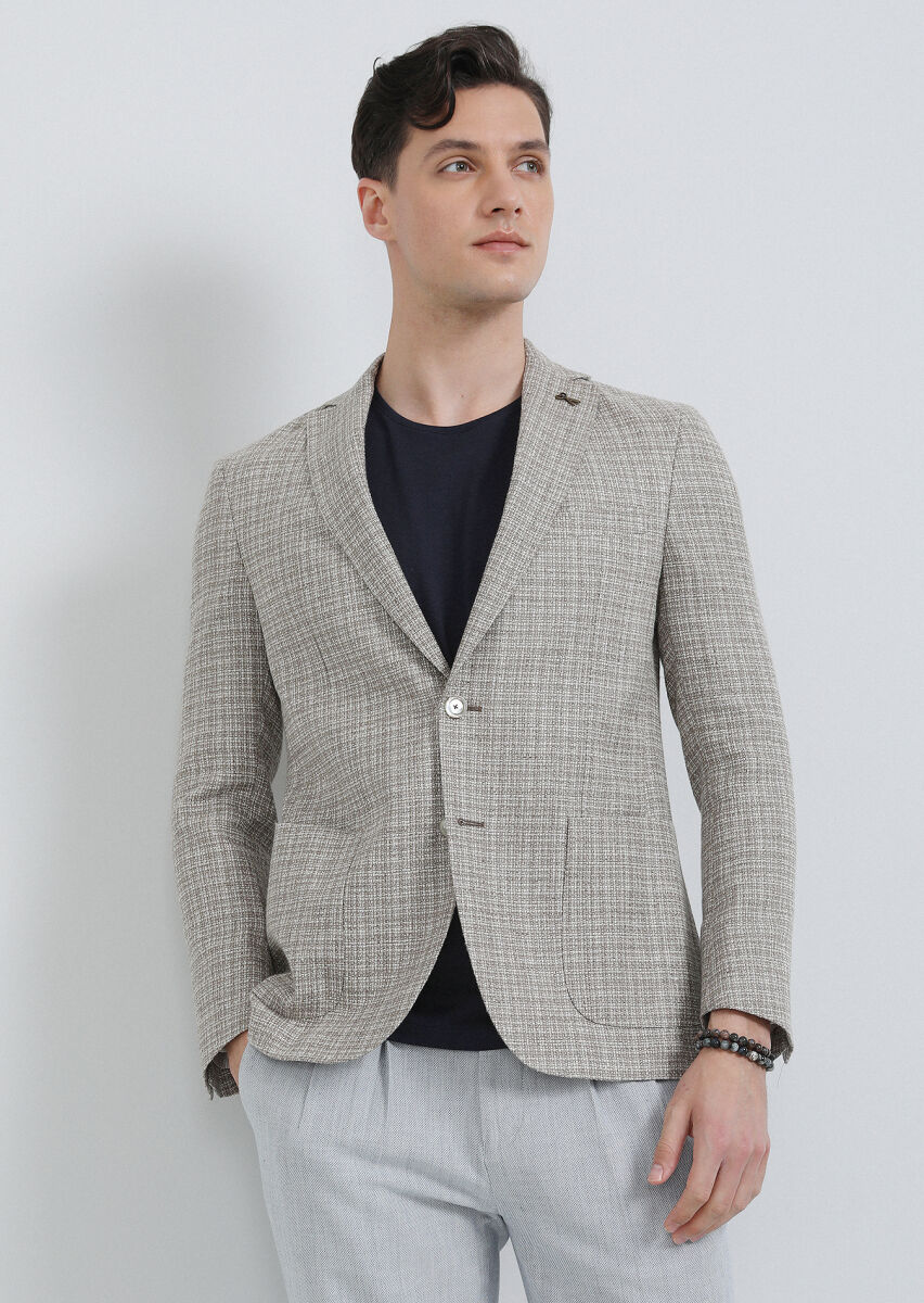 Beige Micro Shirt Shoulder Slim Fit Wool Blended Jacket - 2