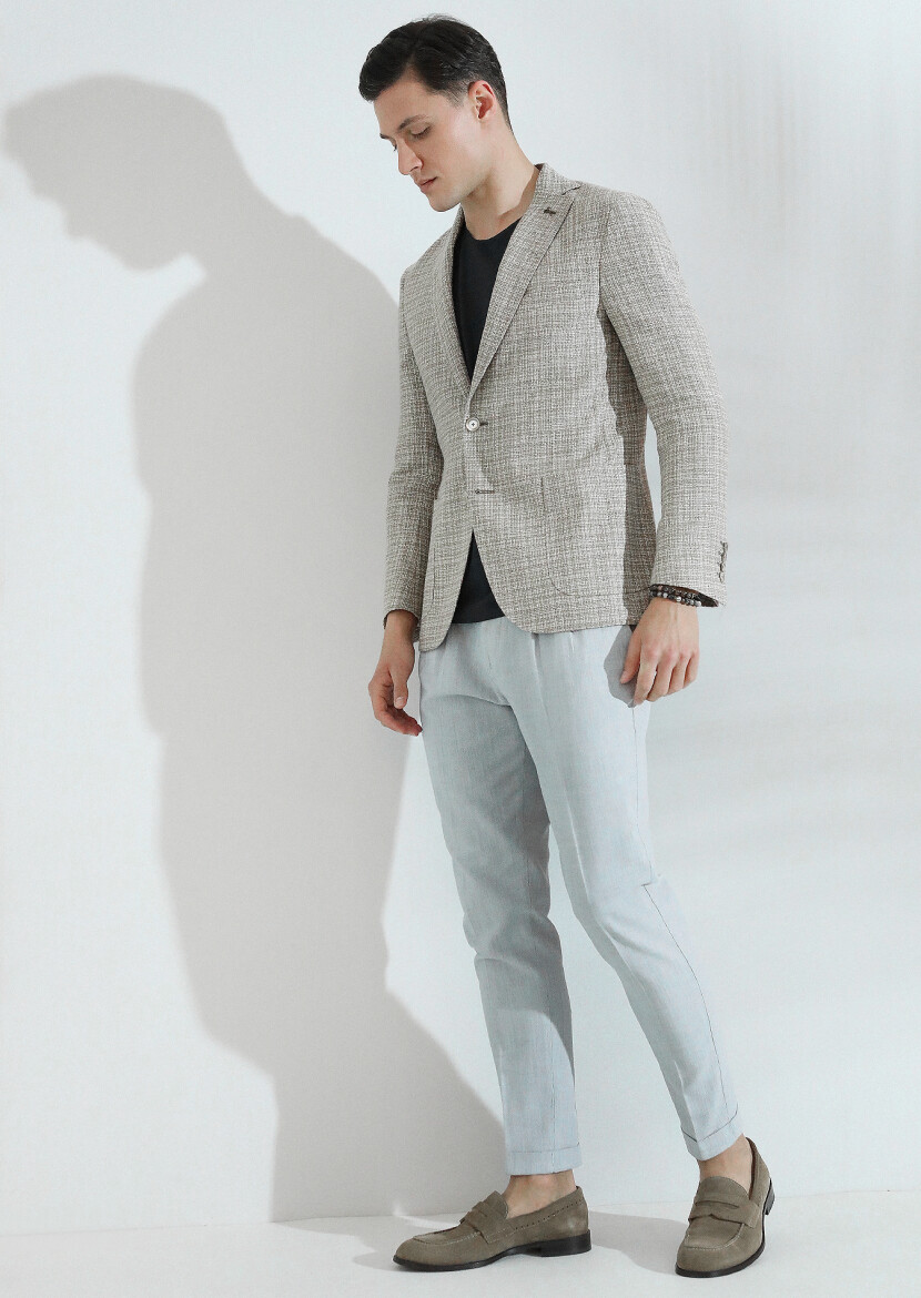 Beige Micro Shirt Shoulder Slim Fit Wool Blended Jacket - 3