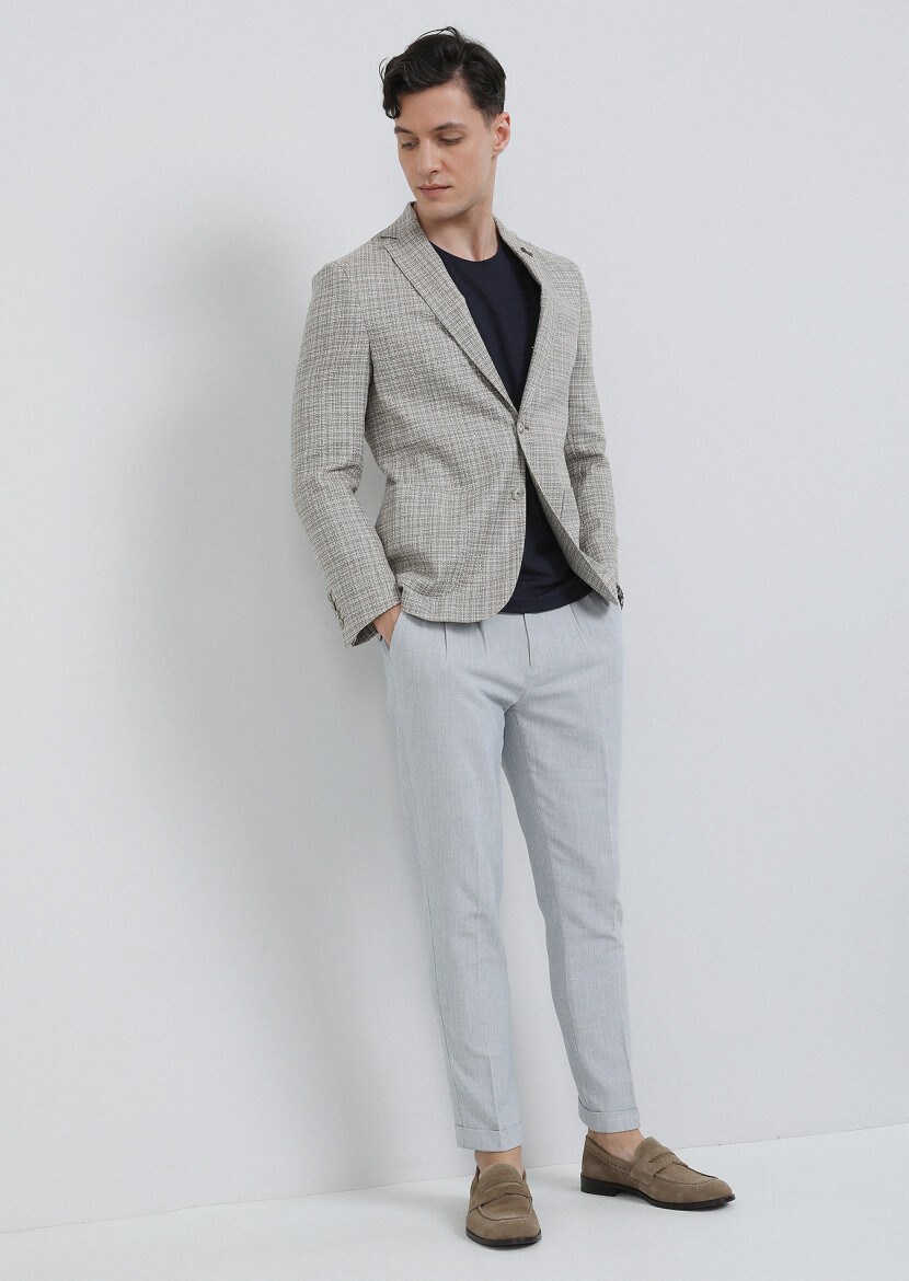 Beige Micro Shirt Shoulder Slim Fit Wool Blended Jacket - 4