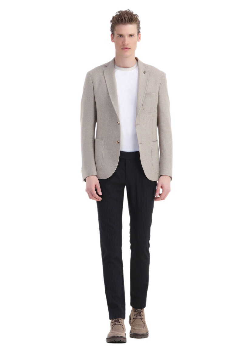 Beige Micro Slim Fit Wool Blended Jacket - 2