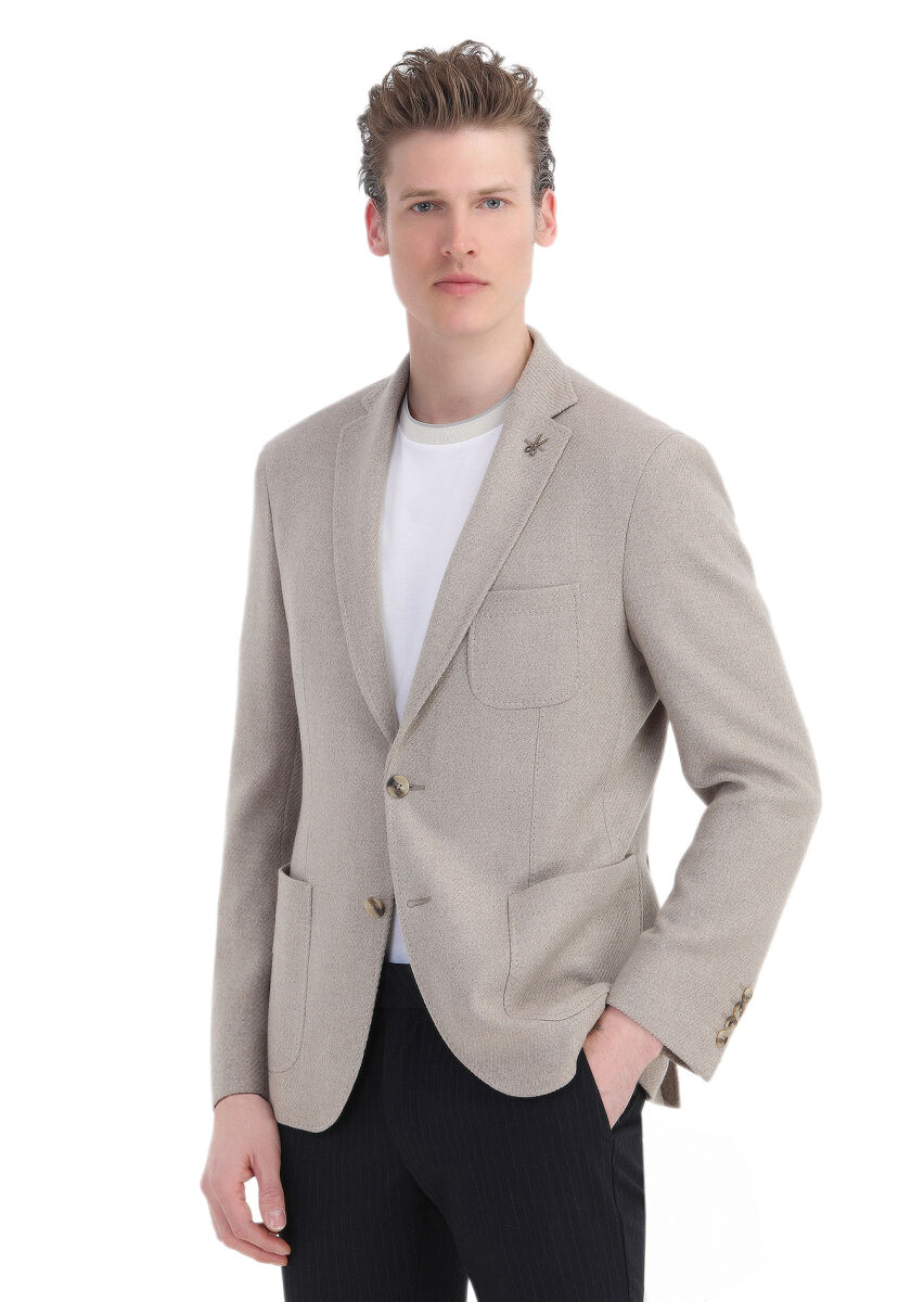 Beige Micro Slim Fit Wool Blended Jacket - 1