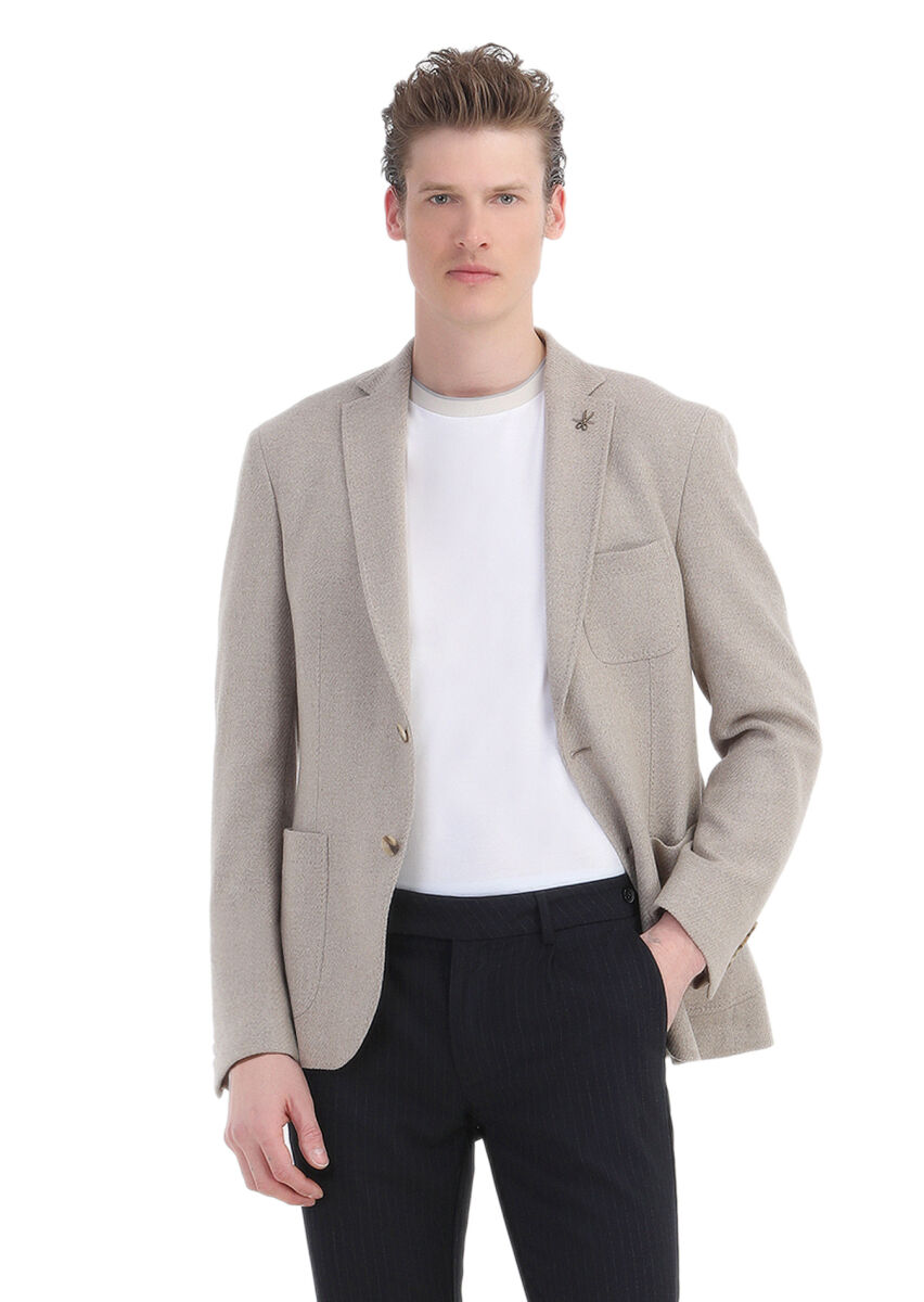 Beige Micro Slim Fit Wool Blended Jacket - 3