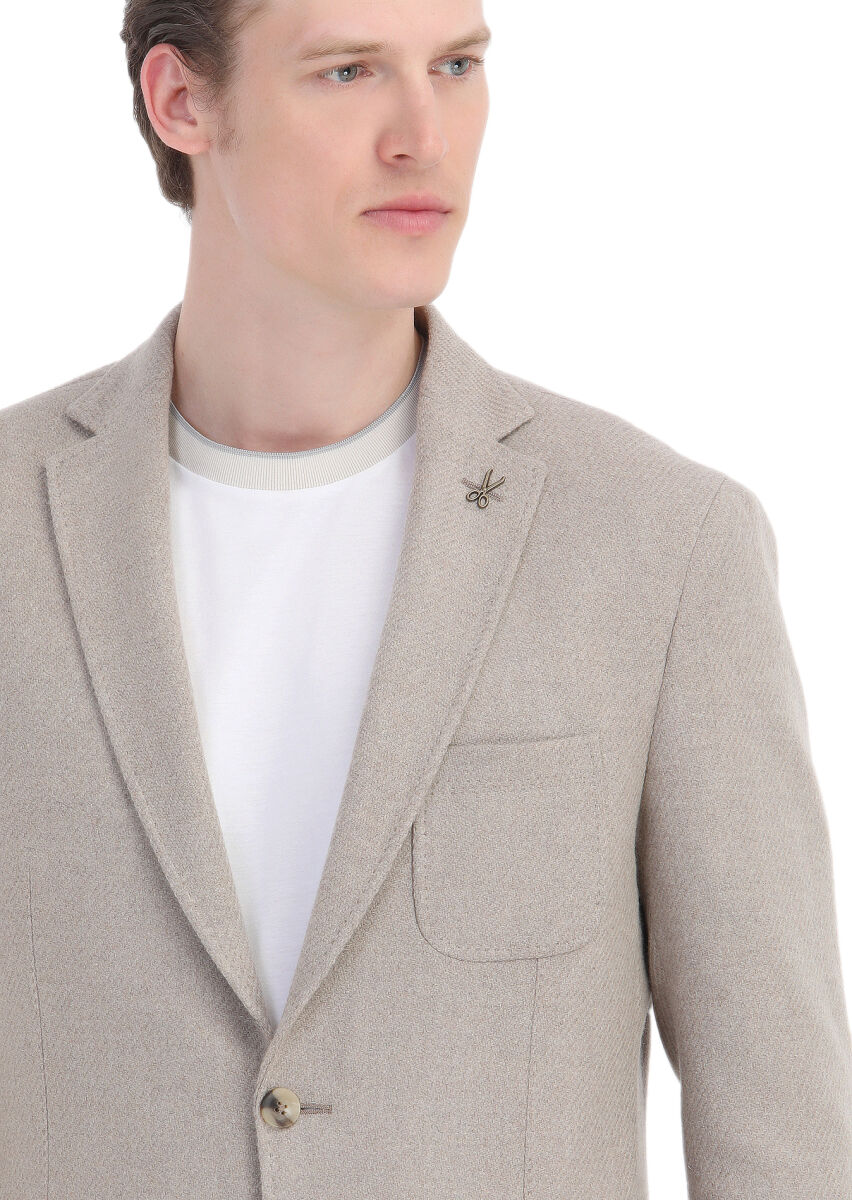 Beige Micro Slim Fit Wool Blended Jacket - 5