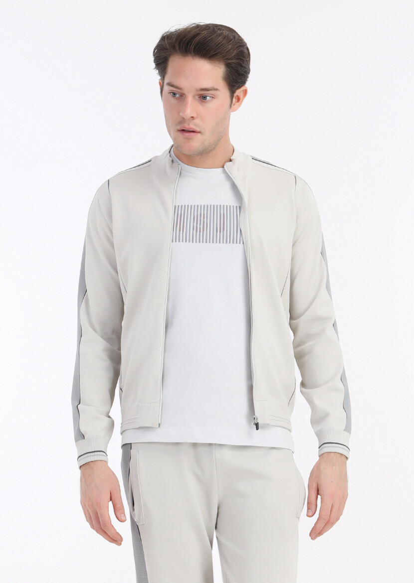 Beige Mock-Turtleneck Jacquard Cardigan 