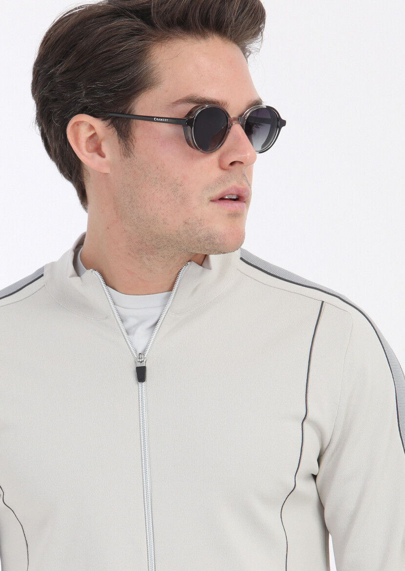 Beige Mock-Turtleneck Jacquard Cardigan - 3