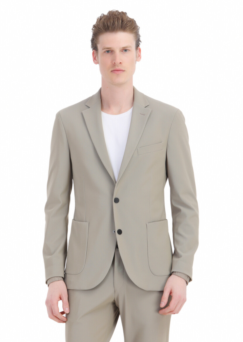 Beige Patterned Comfort Fit Suit - 3