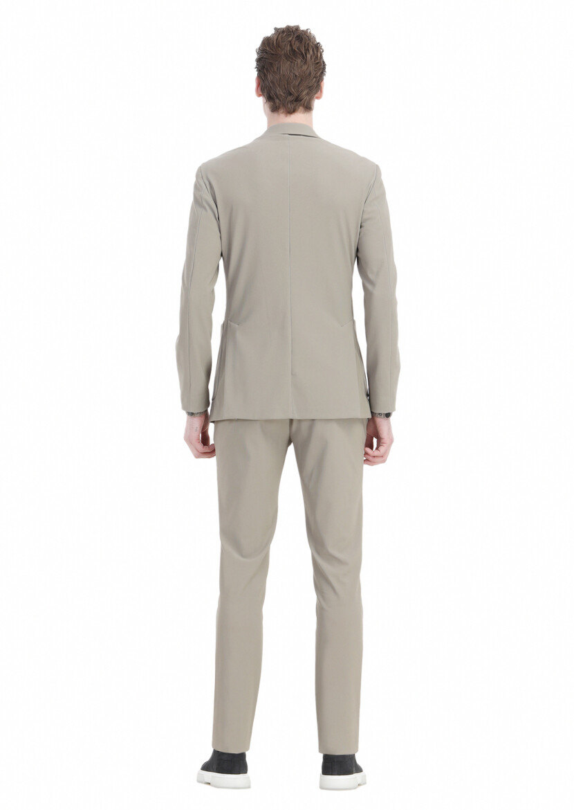 Beige Patterned Comfort Fit Suit - 9