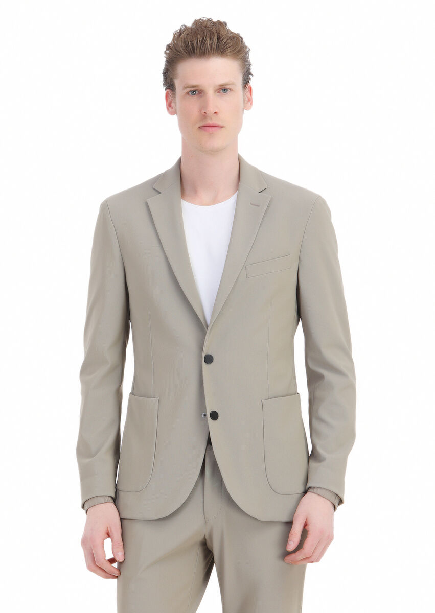 Beige Patterned Comfort Fit Suit - 3