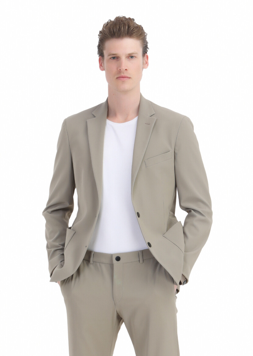 Beige Patterned Comfort Fit Suit - 5