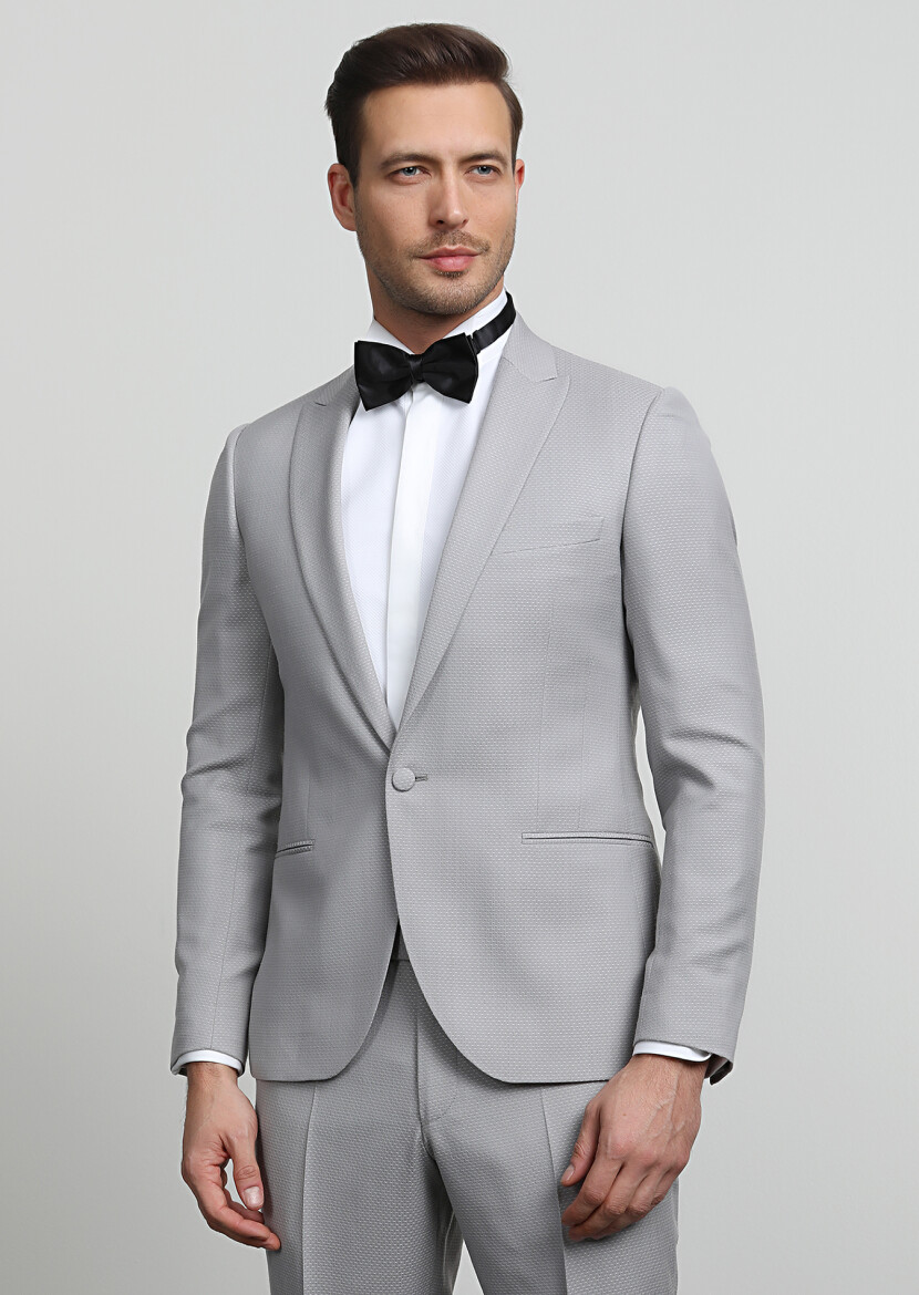 Beige Patterned Fashion Slim Fit Double Breasted Collar Weaving Tuxedo - 3