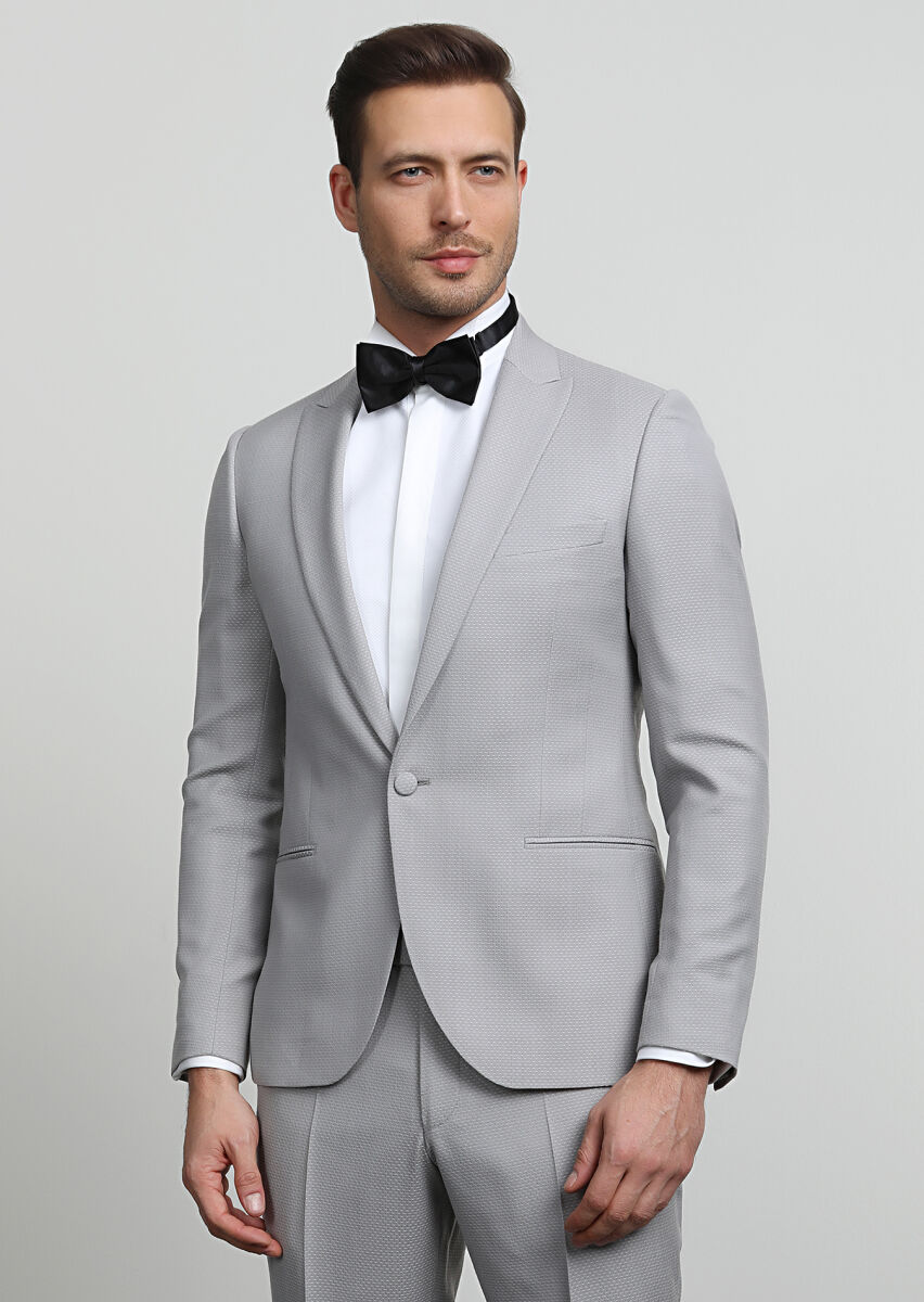 Beige Patterned Fashion Slim Fit Double Breasted Collar Weaving Tuxedo - 3