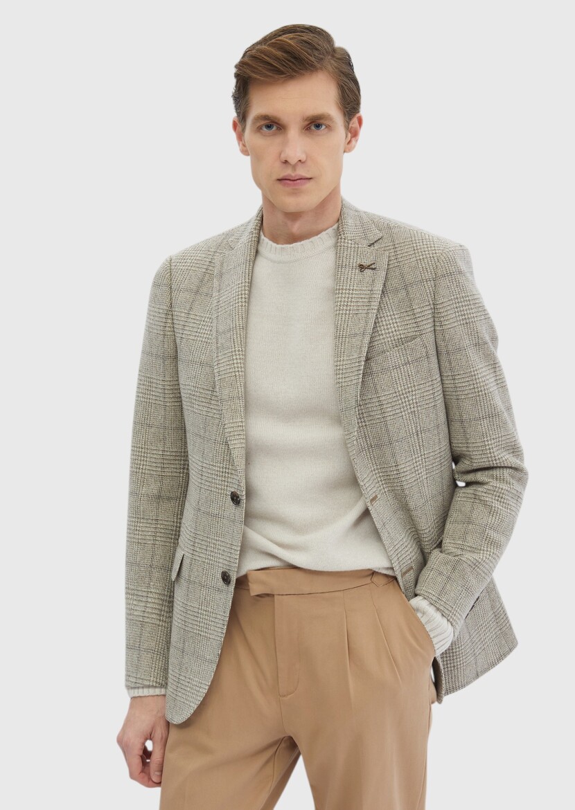 Beige Patterned Regular Fit Wool Blended Jacket - RAMSEY
