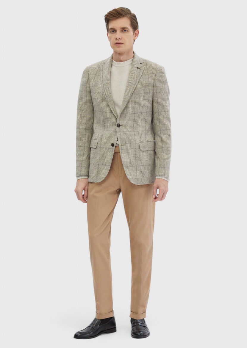 Beige Patterned Regular Fit Wool Blended Jacket - RAMSEY