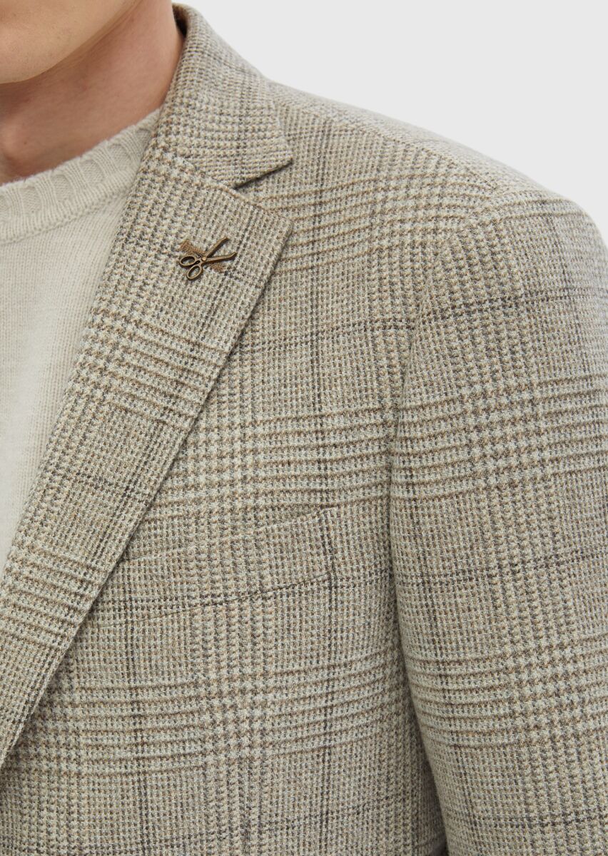 Beige Patterned Regular Fit Wool Blended Jacket - 5