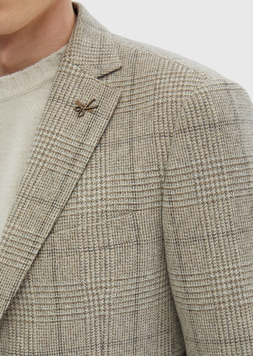 Beige Patterned Regular Fit Wool Blended Jacket - 5