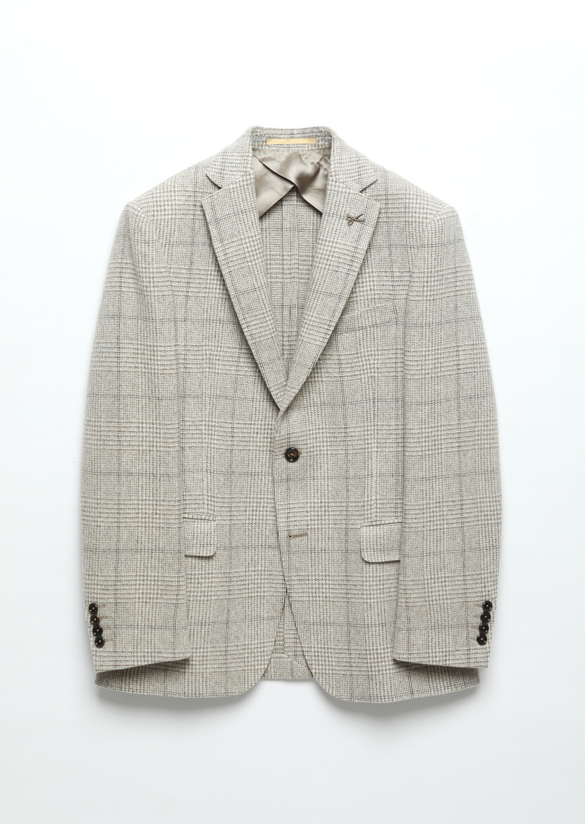 Beige Patterned Regular Fit Wool Blended Jacket - 7