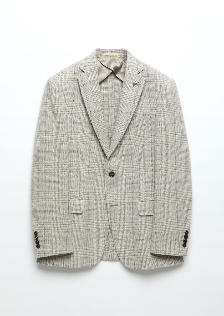 Beige Patterned Regular Fit Wool Blended Jacket - 7