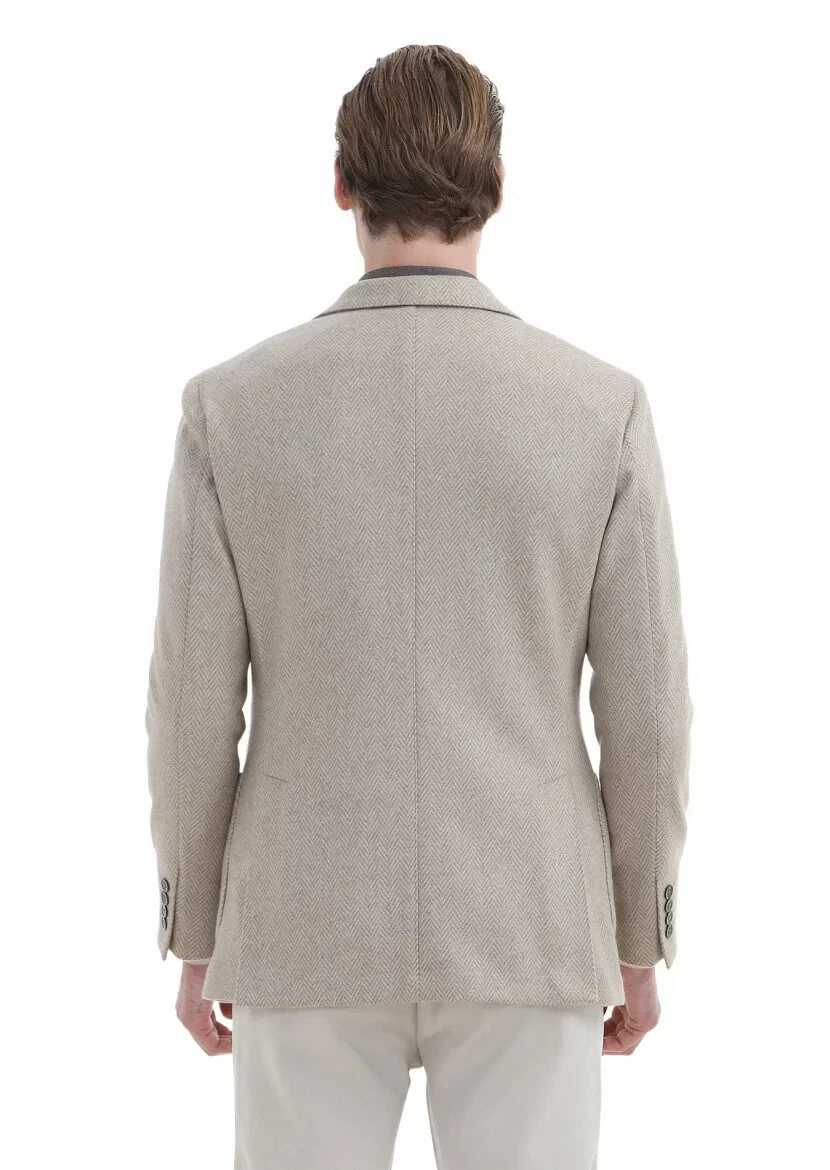 Beige Patterned Shirt Shoulder Slim Fit 100% Cashmire Jacket - 6