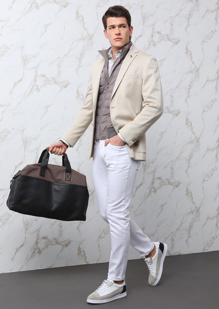 Beige Patterned Shirt Shoulder Slim Fit Cotton Blended Jacket - 3