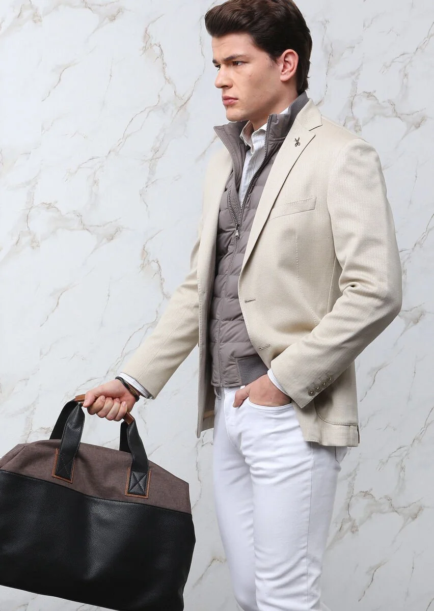 Beige Patterned Shirt Shoulder Slim Fit Cotton Blended Jacket - 1