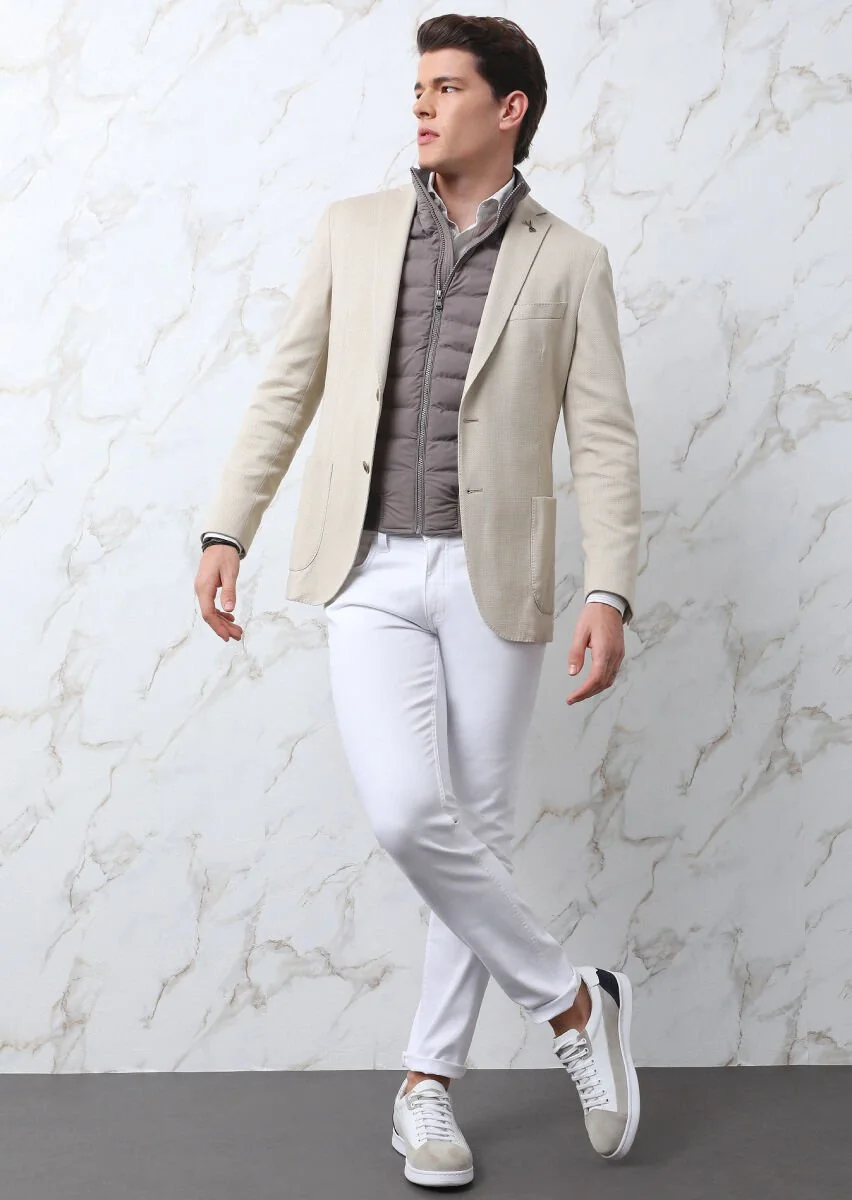 Beige Patterned Shirt Shoulder Slim Fit Cotton Blended Jacket - 2