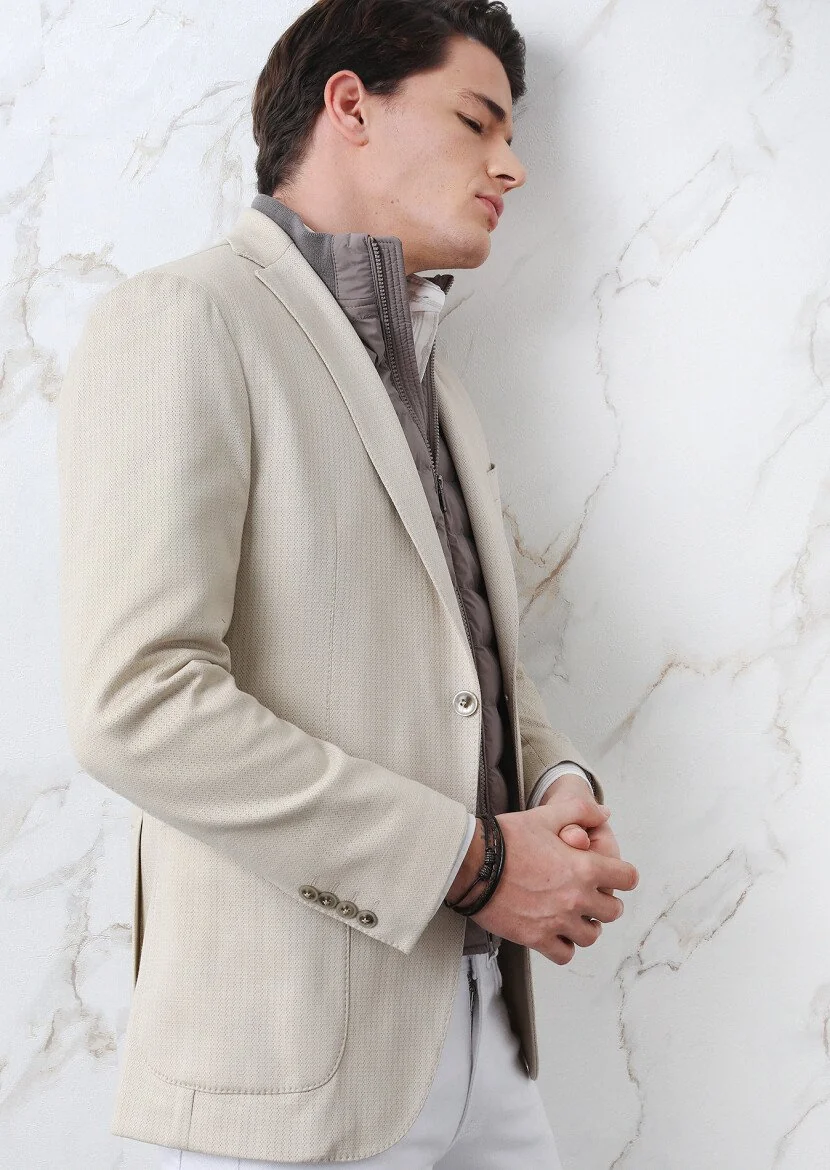 Beige Patterned Shirt Shoulder Slim Fit Cotton Blended Jacket - 4