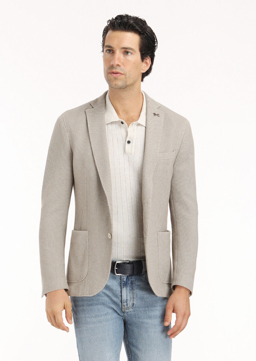 Beige Patterned Shirt Shoulder Slim Fit Cotton Blended Jacket - 3