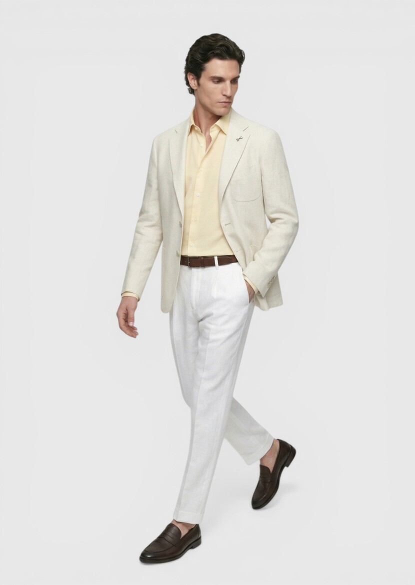 Beige Patterned Shirt Shoulder Slim Fit Cotton Blended Jacket - RAMSEY