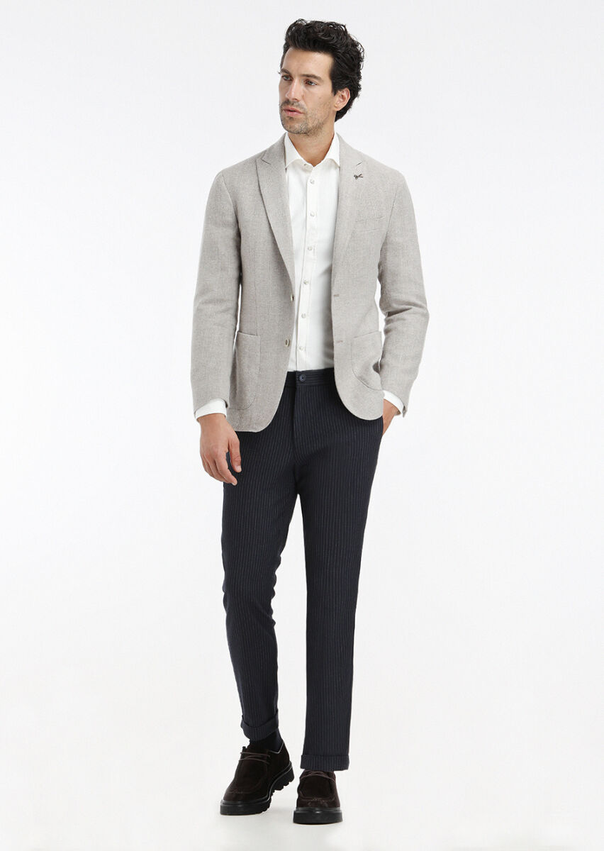 Beige Patterned Shirt Shoulder Slim Fit Wool Blended Jacket - 1