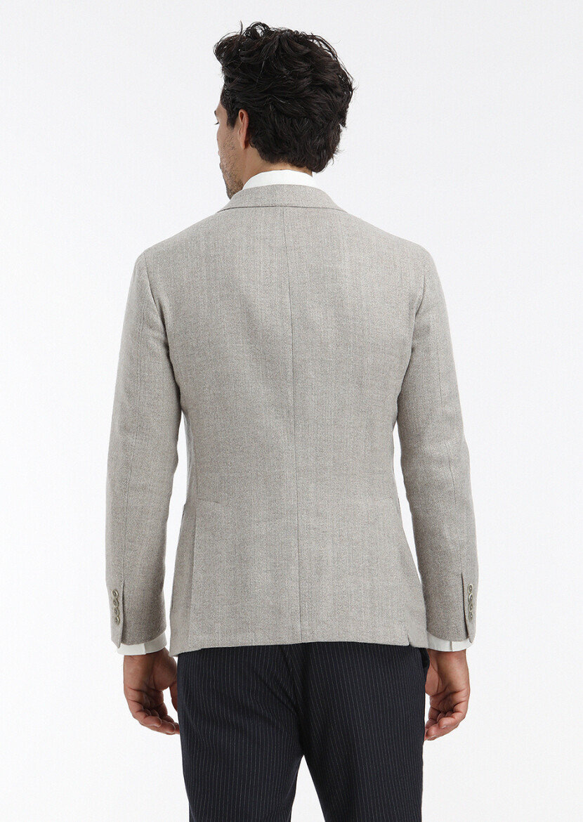 Beige Patterned Shirt Shoulder Slim Fit Wool Blended Jacket - 6