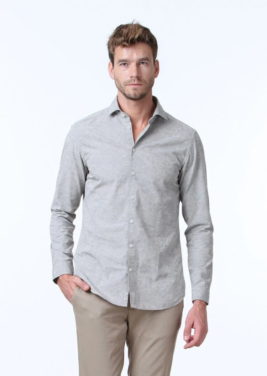 Beige Patterned Slim Fit Weaving Casual 100% Cotton Shirt - 1