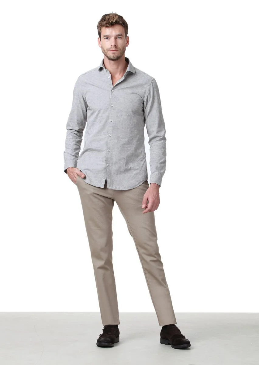 Beige Patterned Slim Fit Weaving Casual 100% Cotton Shirt - 2