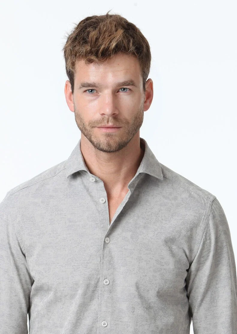 Beige Patterned Slim Fit Weaving Casual 100% Cotton Shirt - 3