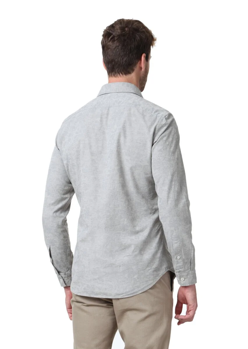 Beige Patterned Slim Fit Weaving Casual 100% Cotton Shirt - 4