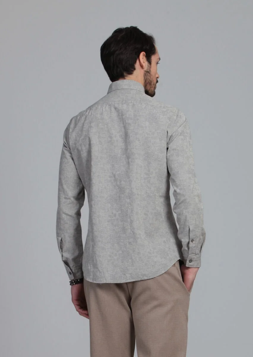 Beige Patterned Slim Fit Weaving Casual 100% Cotton Shirt - 5