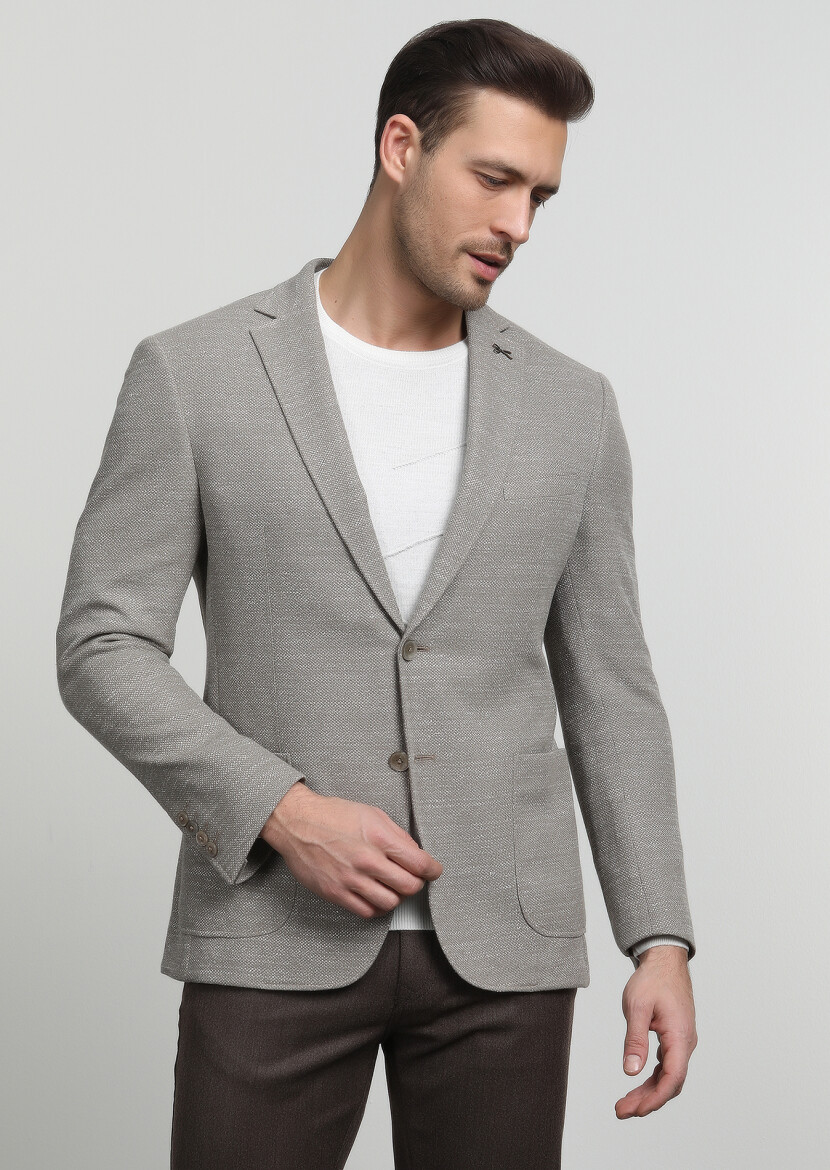 Beige Patterned Zeroweight Slim Fit Cotton Blended Jacket - 1