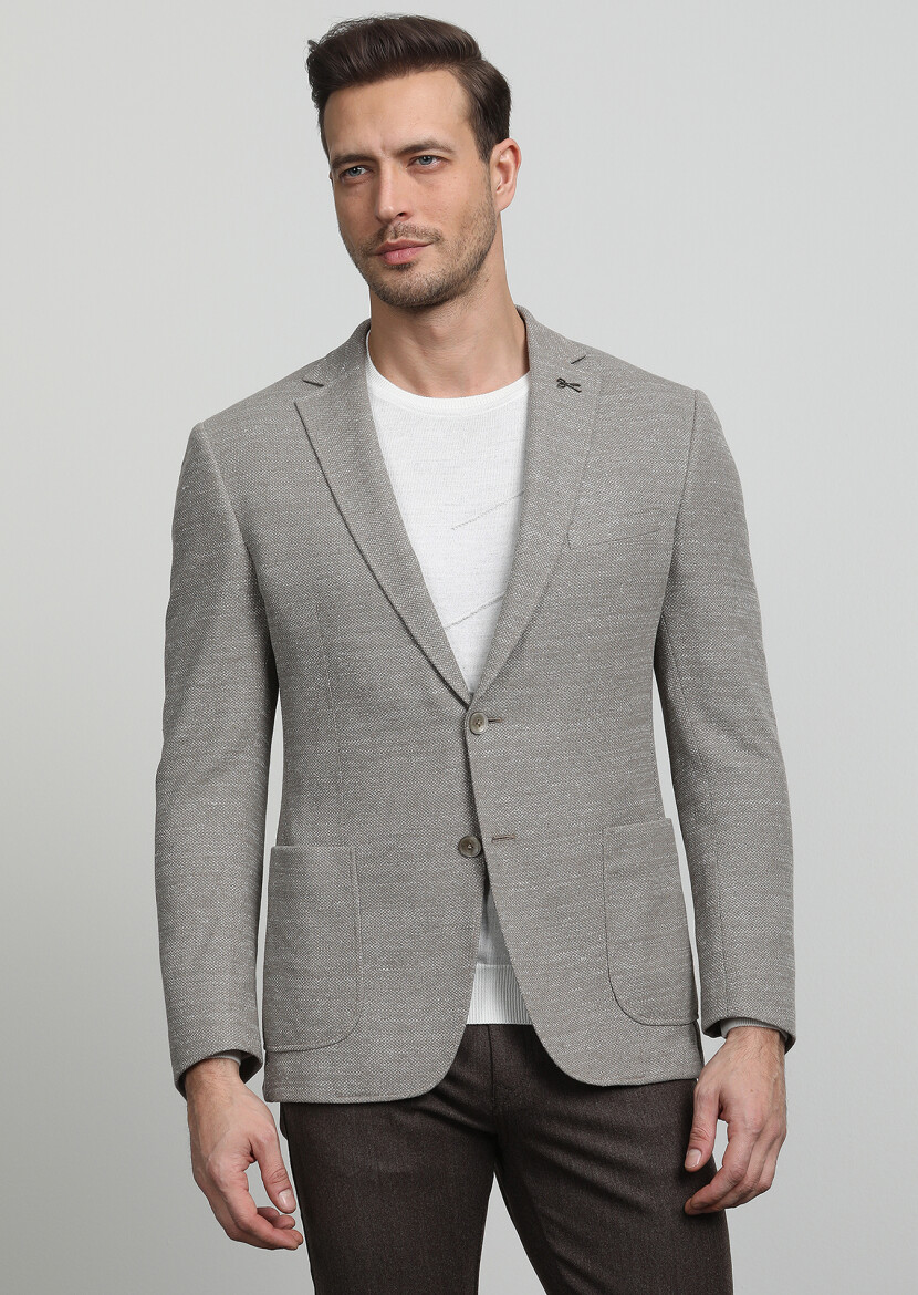 Beige Patterned Zeroweight Slim Fit Cotton Blended Jacket - 3