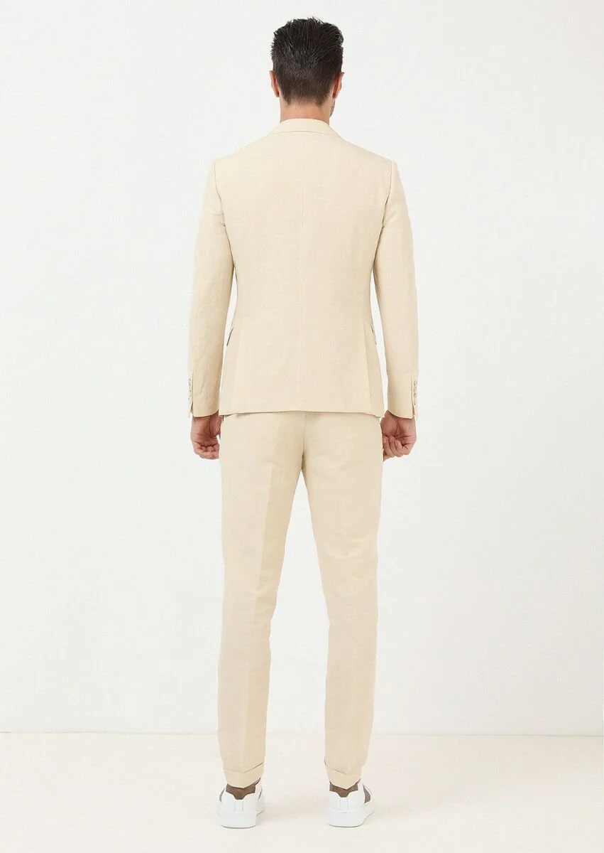 Beige Patterned Zeroweight Slim Fit Cotton Blended Suit - 6