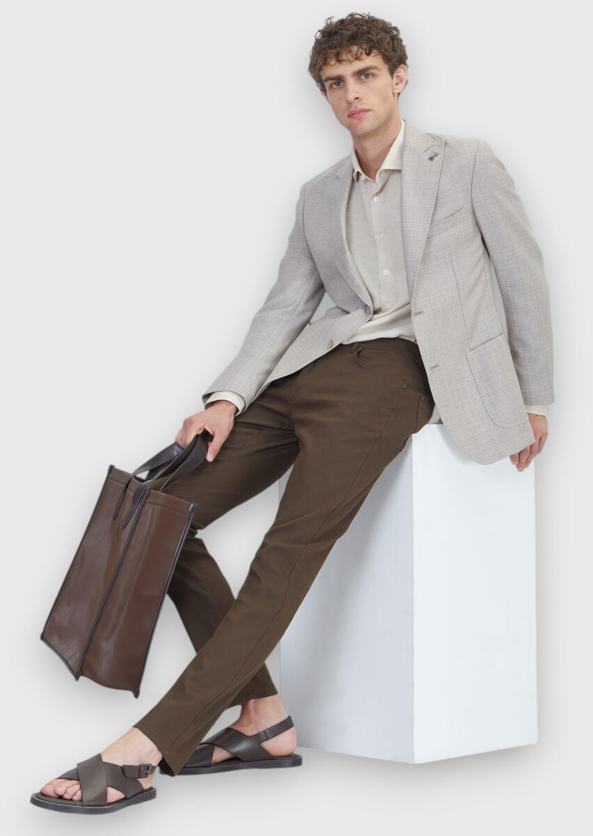 Beige Patterned Zeroweight Slim Fit Silk Blended Jacket - 2