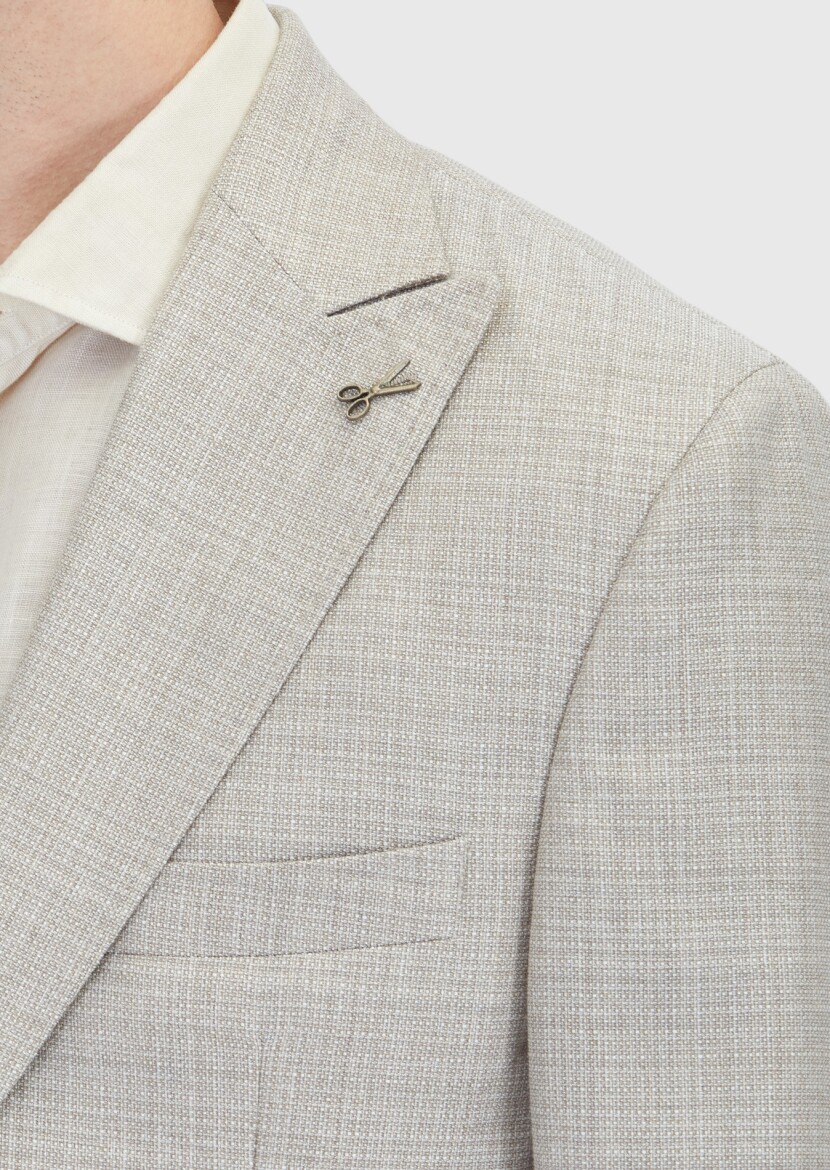 Beige Patterned Zeroweight Slim Fit Silk Blended Jacket - 5