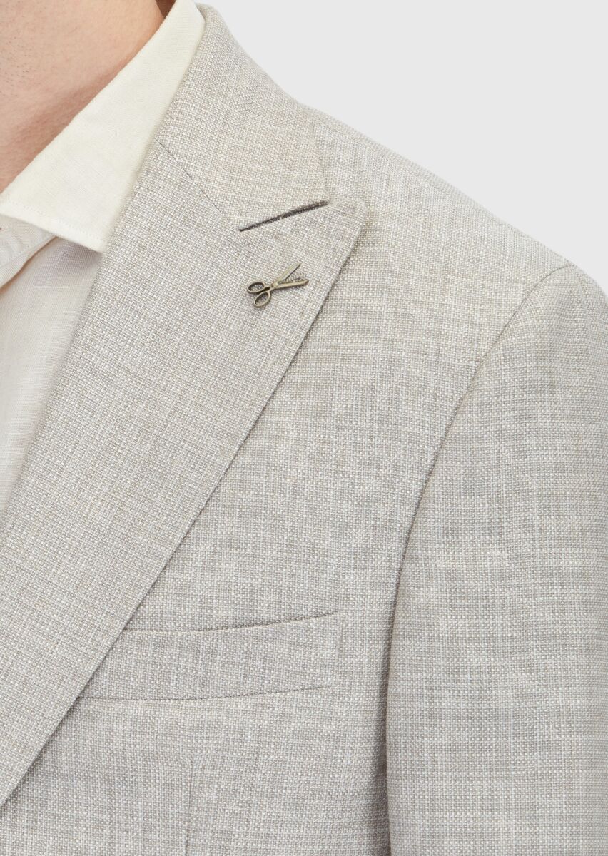 Beige Patterned Zeroweight Slim Fit Silk Blended Jacket - 5