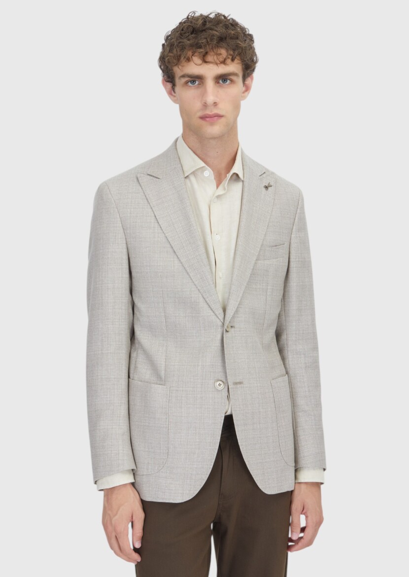 Beige Patterned Zeroweight Slim Fit Silk Blended Jacket - RAMSEY