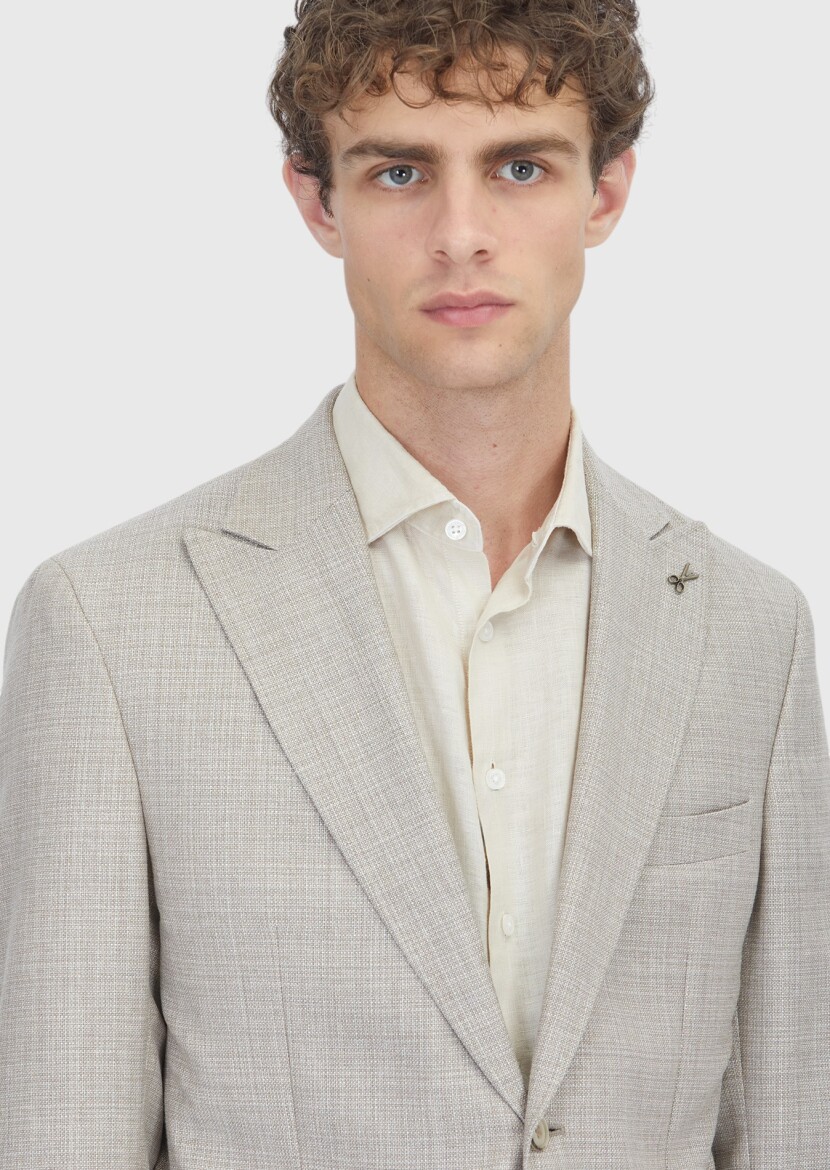 Beige Patterned Zeroweight Slim Fit Silk Blended Jacket - 3