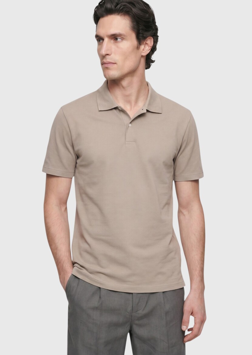 Beige Plain 100% Cotton T-Shirt - 3