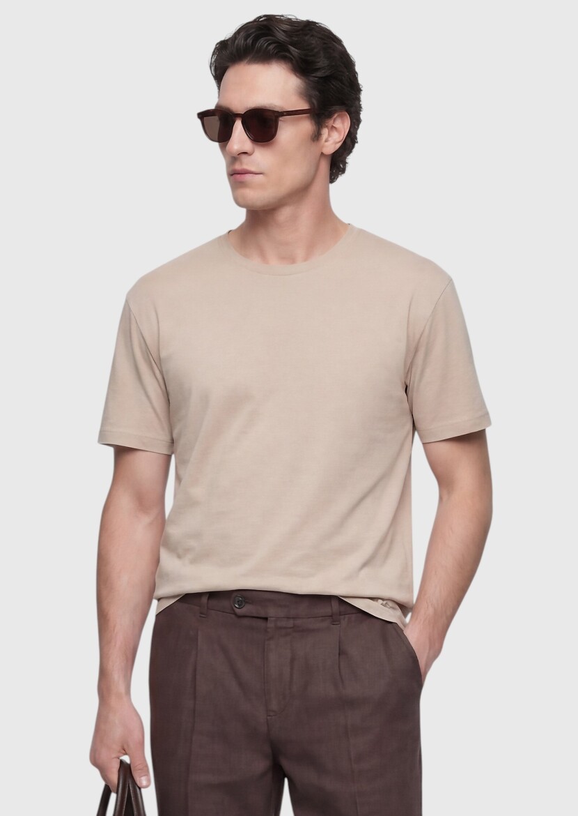 Beige Plain 100% Cotton T-Shirt - 1