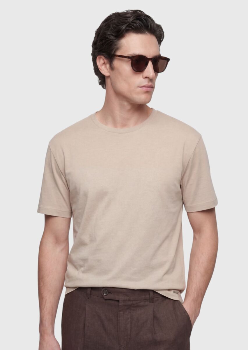 Beige Plain 100% Cotton T-Shirt - 2