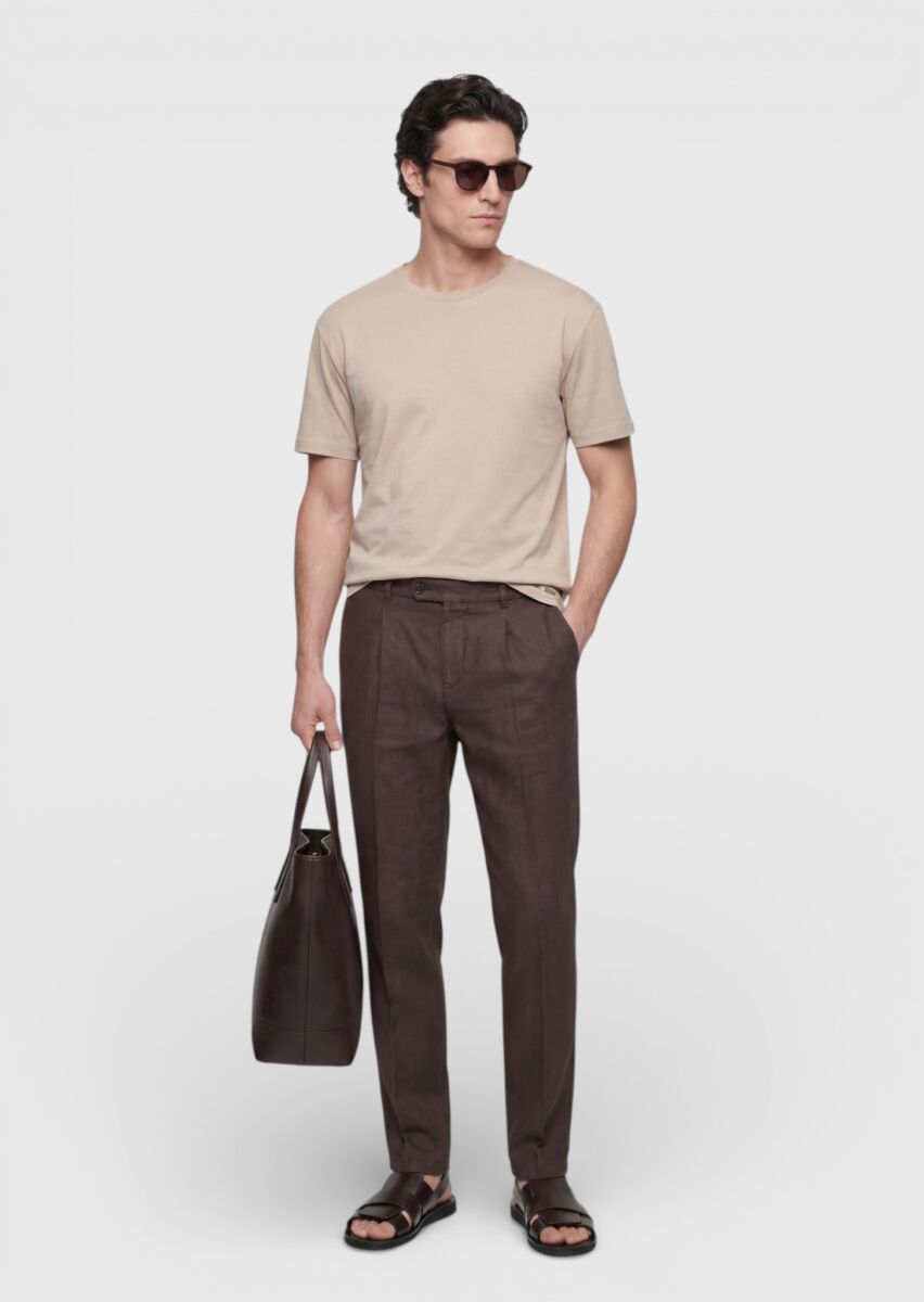 Beige Plain 100% Cotton T-Shirt - 3