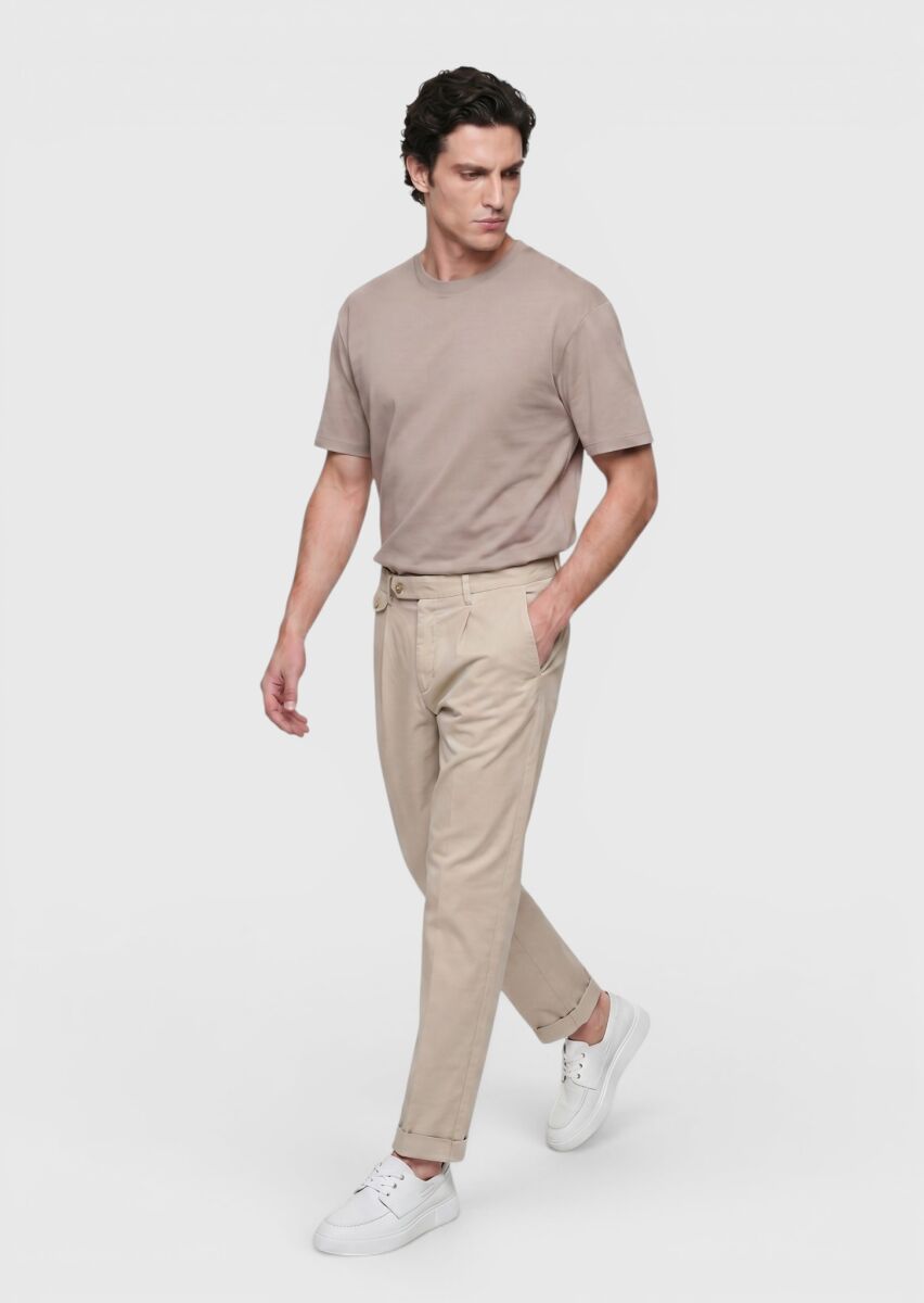 Beige Plain 100% Cotton T-Shirt - 2