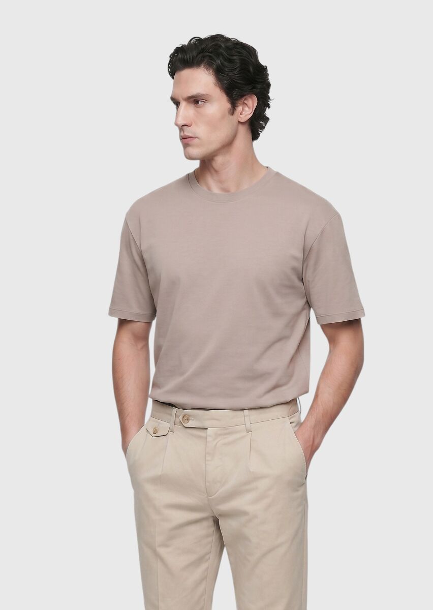 Beige Plain 100% Cotton T-Shirt - 3